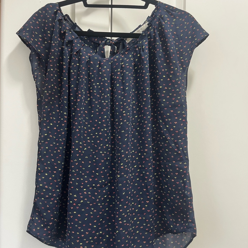 LC Lauren Conrad Navy Floral Blouse, ruched scoop-neck, tie back